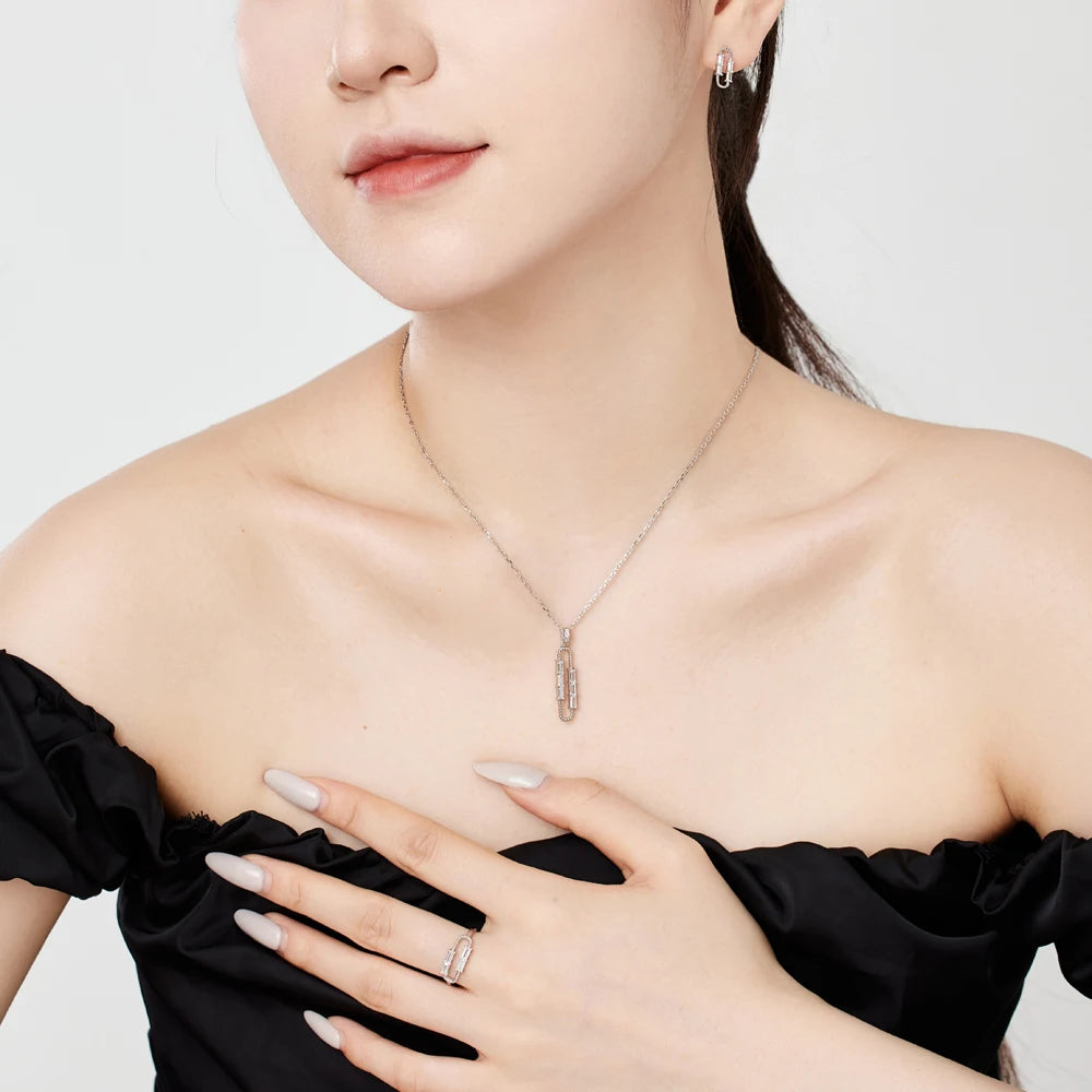 Silver Zircon Baguette Cut Paper Clip Bar Necklace