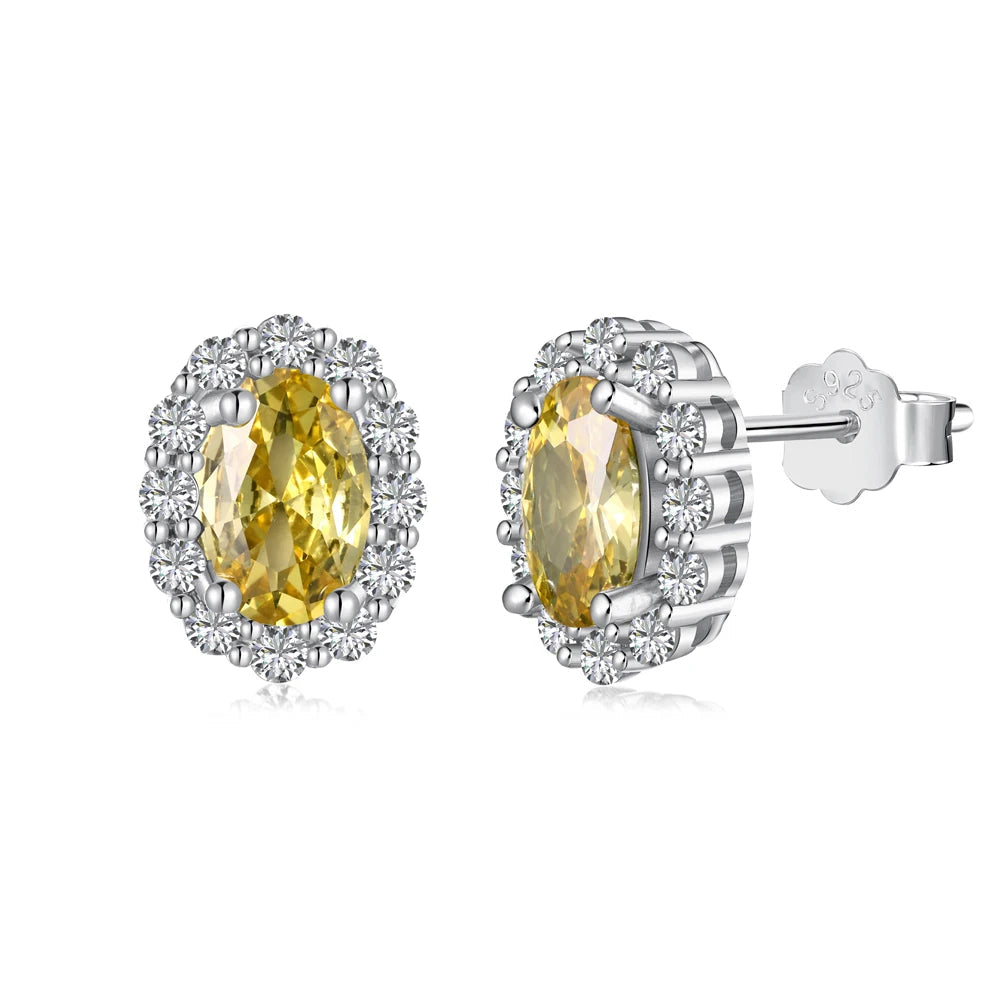Silver Zircon Oval Cut Halo Frame Ear Studs