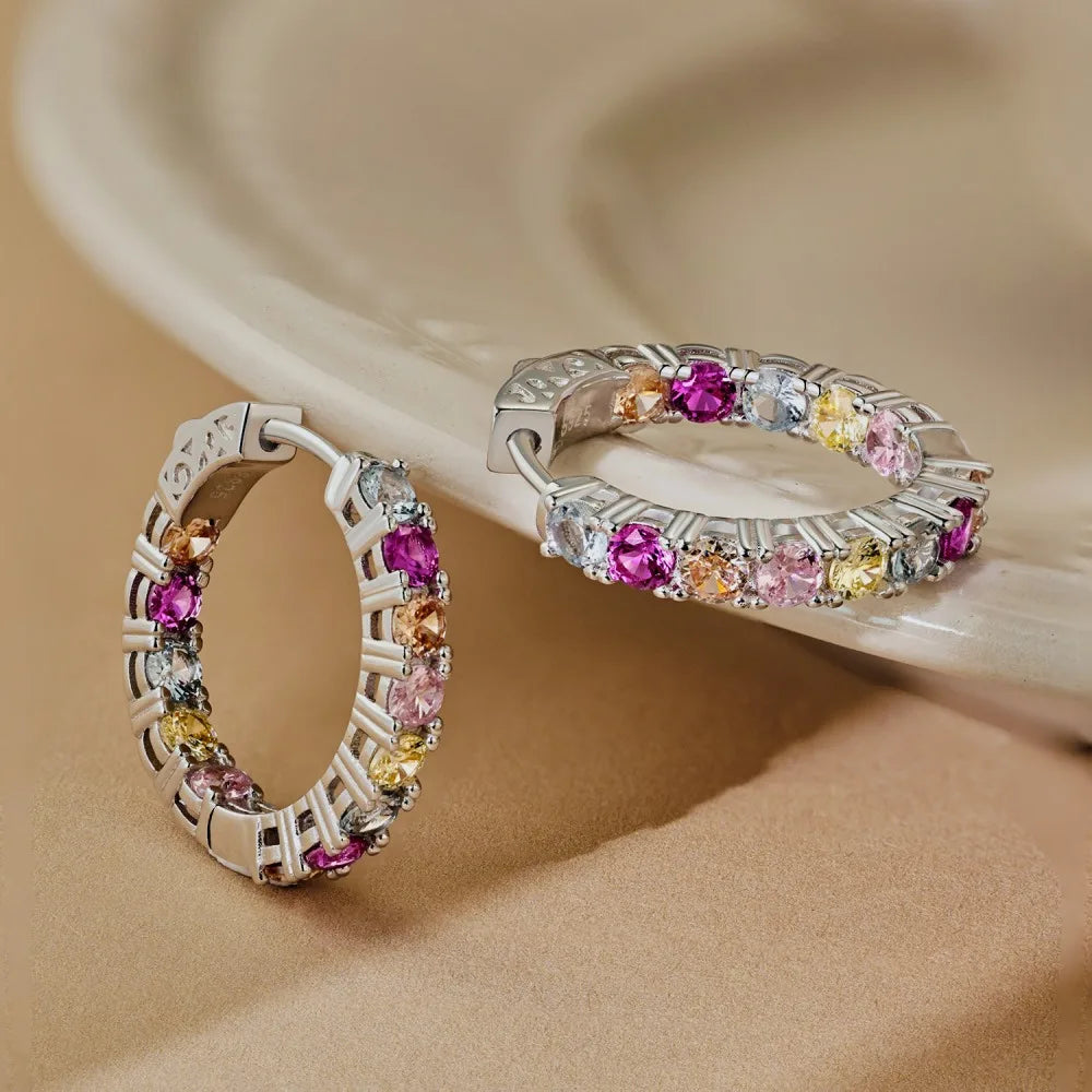 Silver Zircon Round Cut Inlaid Layered Ear Hoops