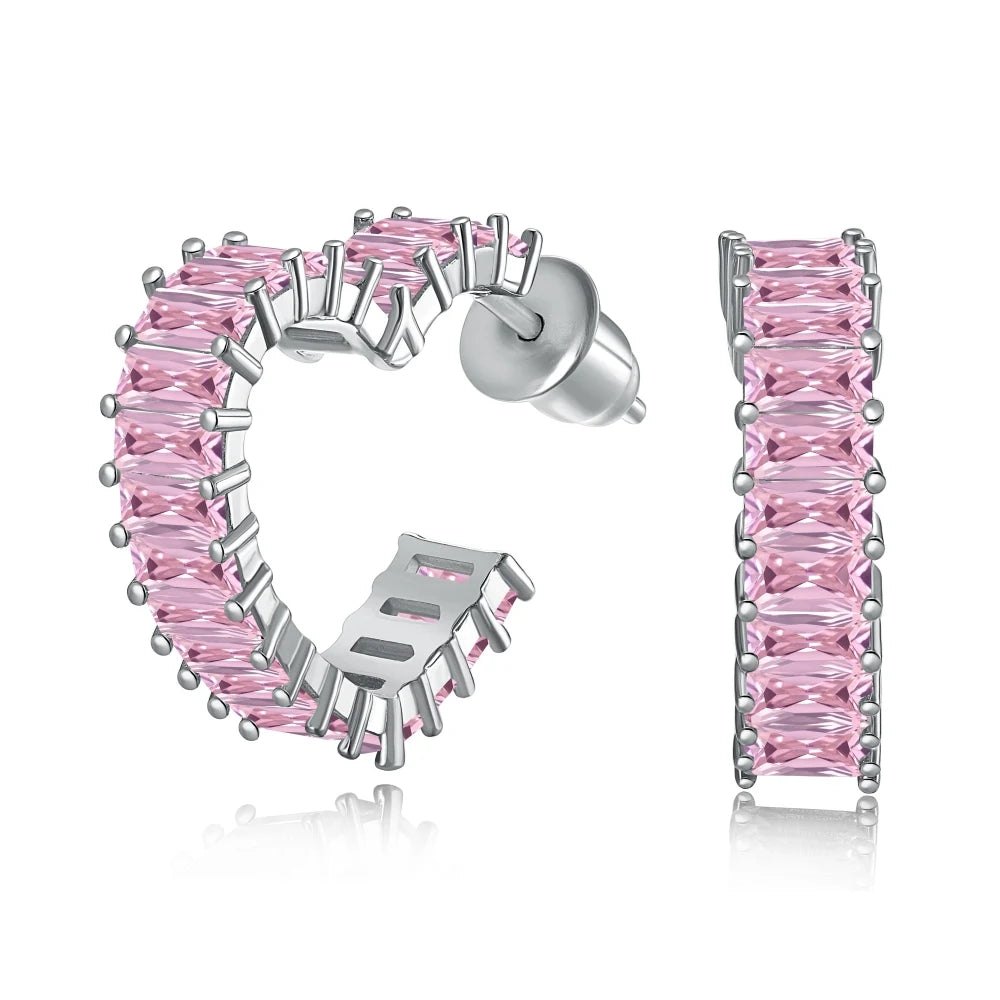 Silver Zircon Cushion Cut Heart Inlaid Ear Hoops