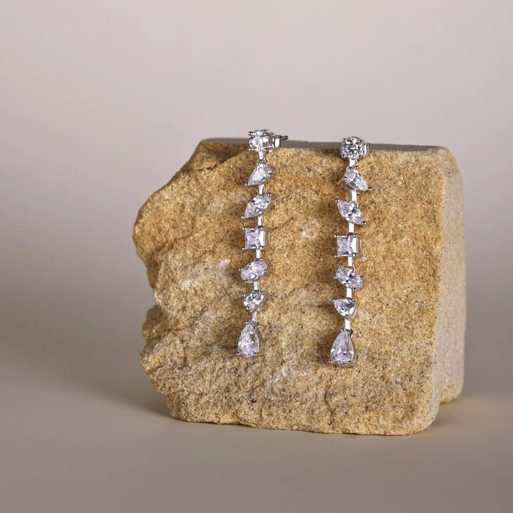 Silver Zircon Pear Cut Irregular Dangle Drop Earrings