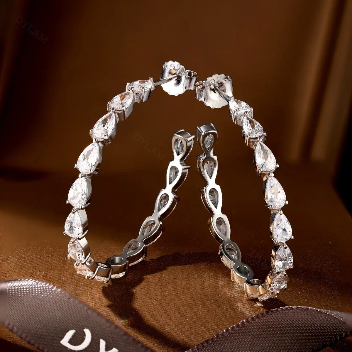 Silver Zircon Pear Cut Hook Inlaid Ear Hoops
