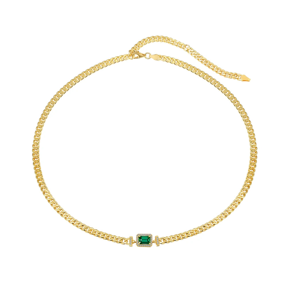 Silver Zircon Emerald Cut Cuban Chain Necklace