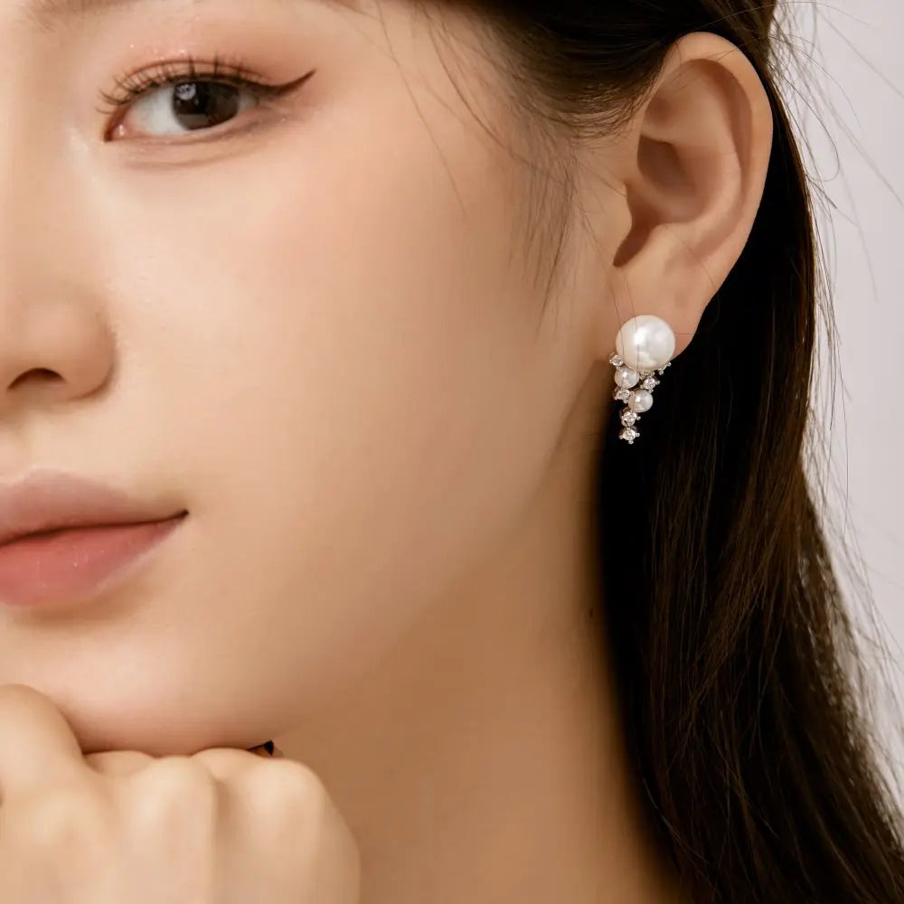 Silver Pearl Iced Dangle Drop Earrings