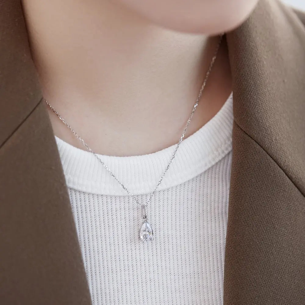 Silver Zircon Pear Cut Tear Pendant Necklace