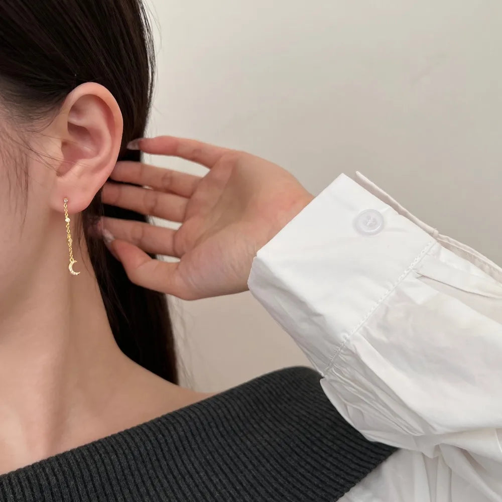 Silver Zircon Round Cut Crescent Star Dangle Drop Earrings