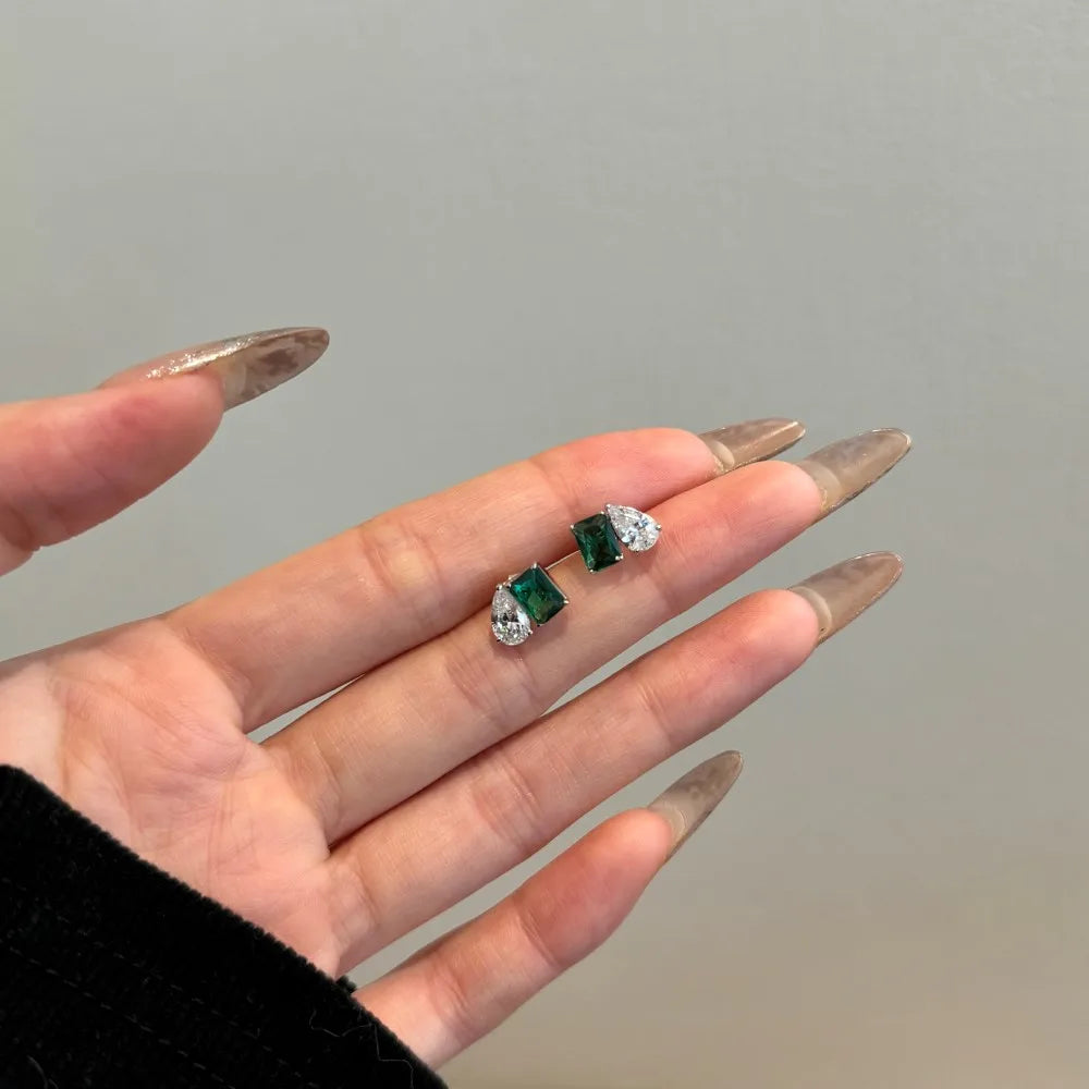 Silver Zircon Emerald Cut Inlaid Multi Shape Ear Studs