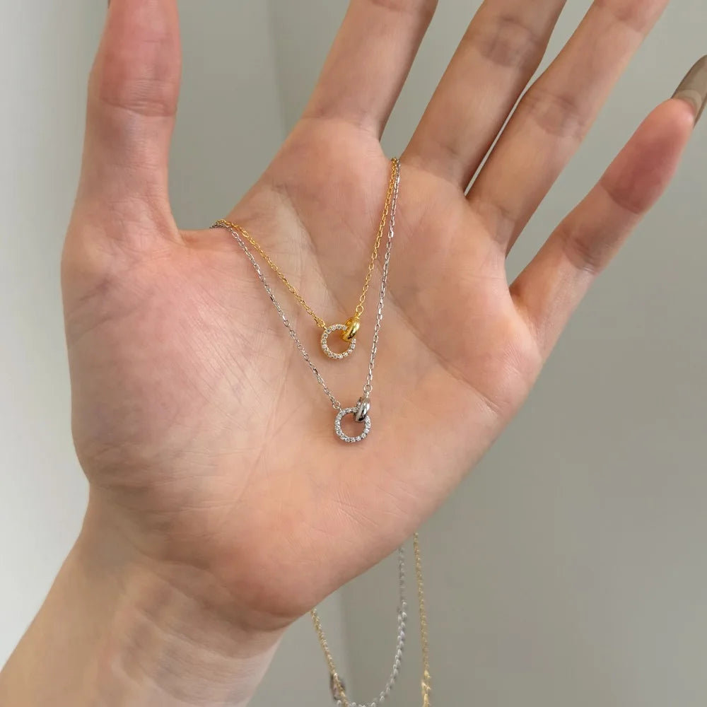 Silver Zircon Round Cut Inlaid Interlocking Ring Pendant Necklace