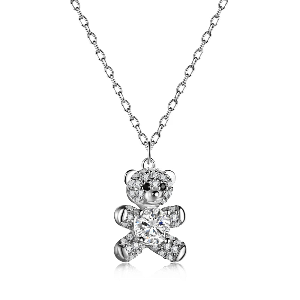 Silver Zircon Round Cut Bear Pendant Necklace