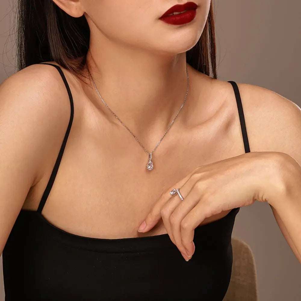 Silver Zircon Pear Cut Tear Pendant Necklace