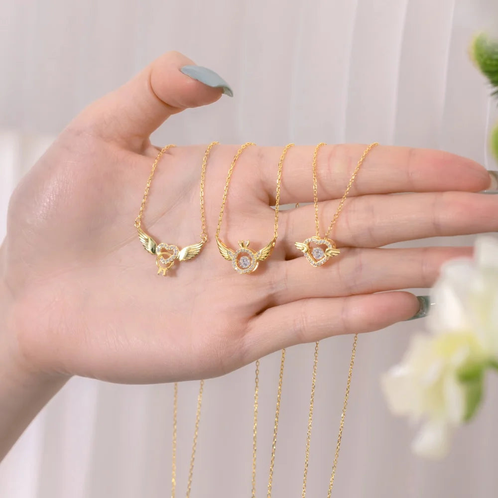 Silver Zircon Round Cut Halo Heart Wings Bar Necklace