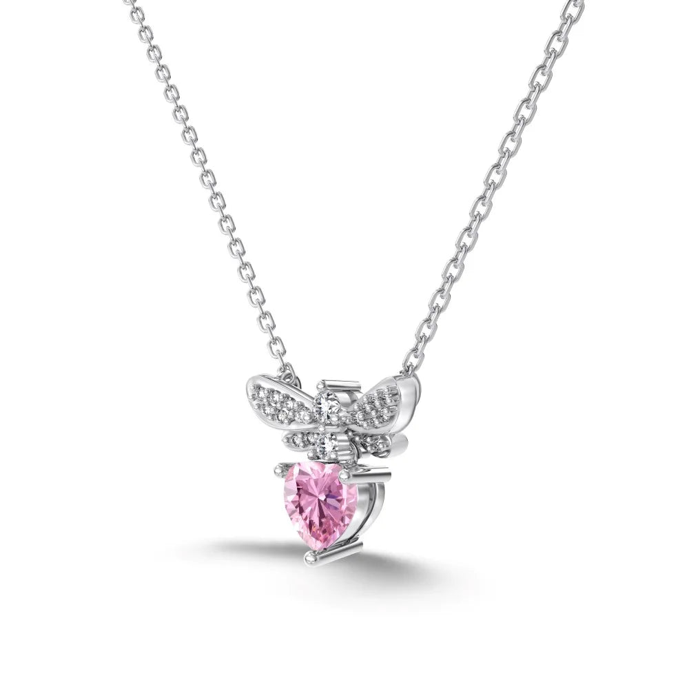 Silver Zircon Heart Cut Bee Pendant Necklace