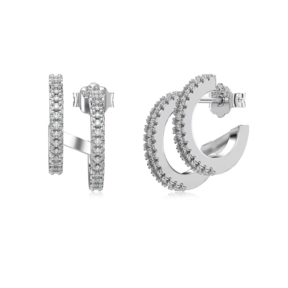 Silver Zircon Round Cut Double Layer Ear Hoops