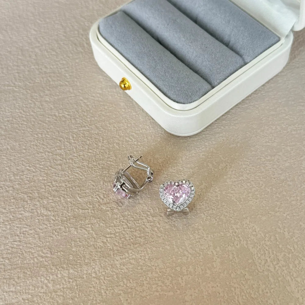 Silver Zircon Heart Cut Hook Inlaid Halo Ear Studs