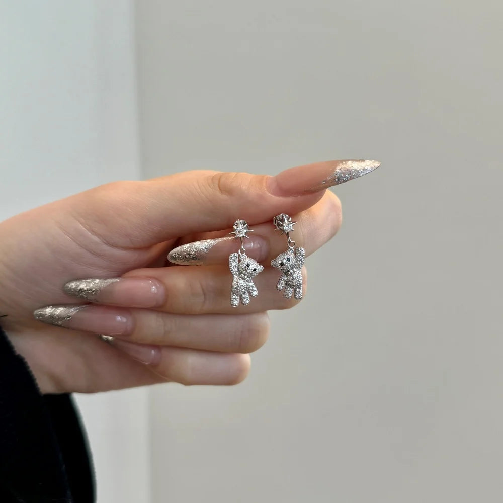 Silver Zircon Round Cut Iced Bear Drop Earrings