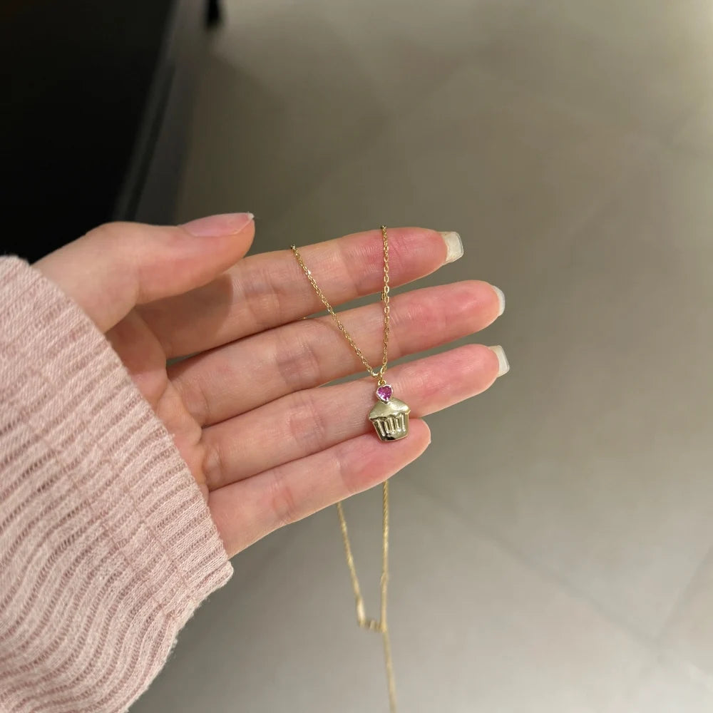 Silver Zircon Heart Cut Cupcake Pendant Necklace