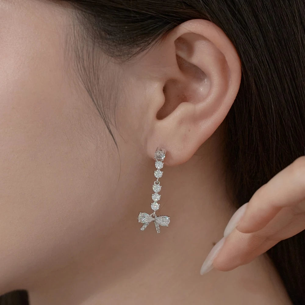 Silver Zircon Pear Cut Dangle Bow Drop Earrings