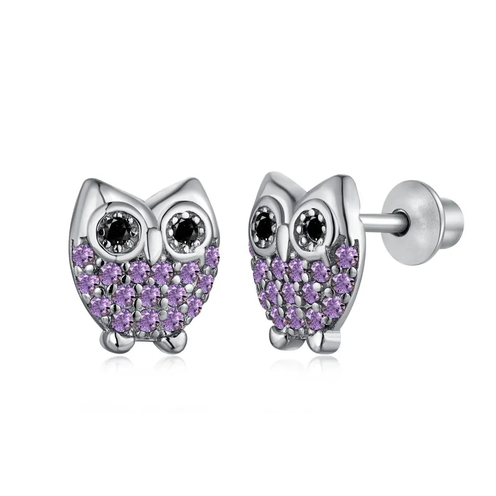 Silver Zircon Round Cut Owl Ear Studs