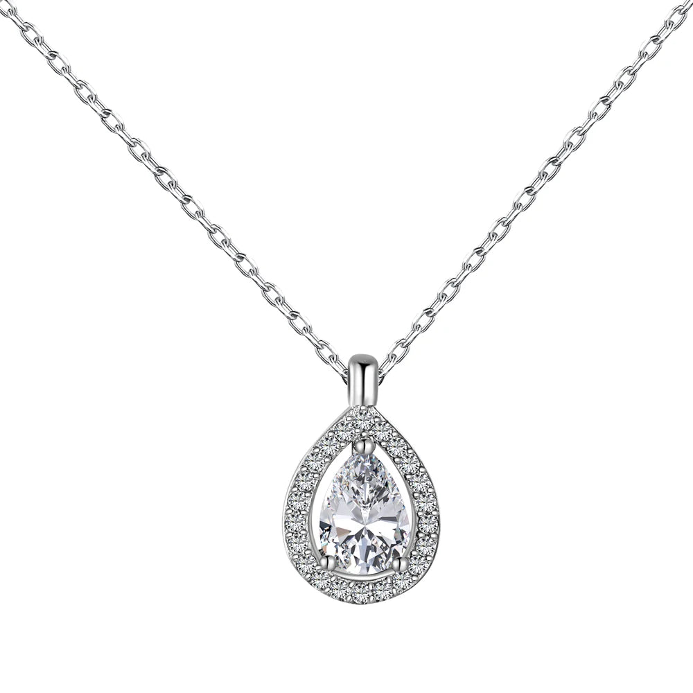 Silver Zircon Pear Cut Halo Water Drop Pendant Necklace