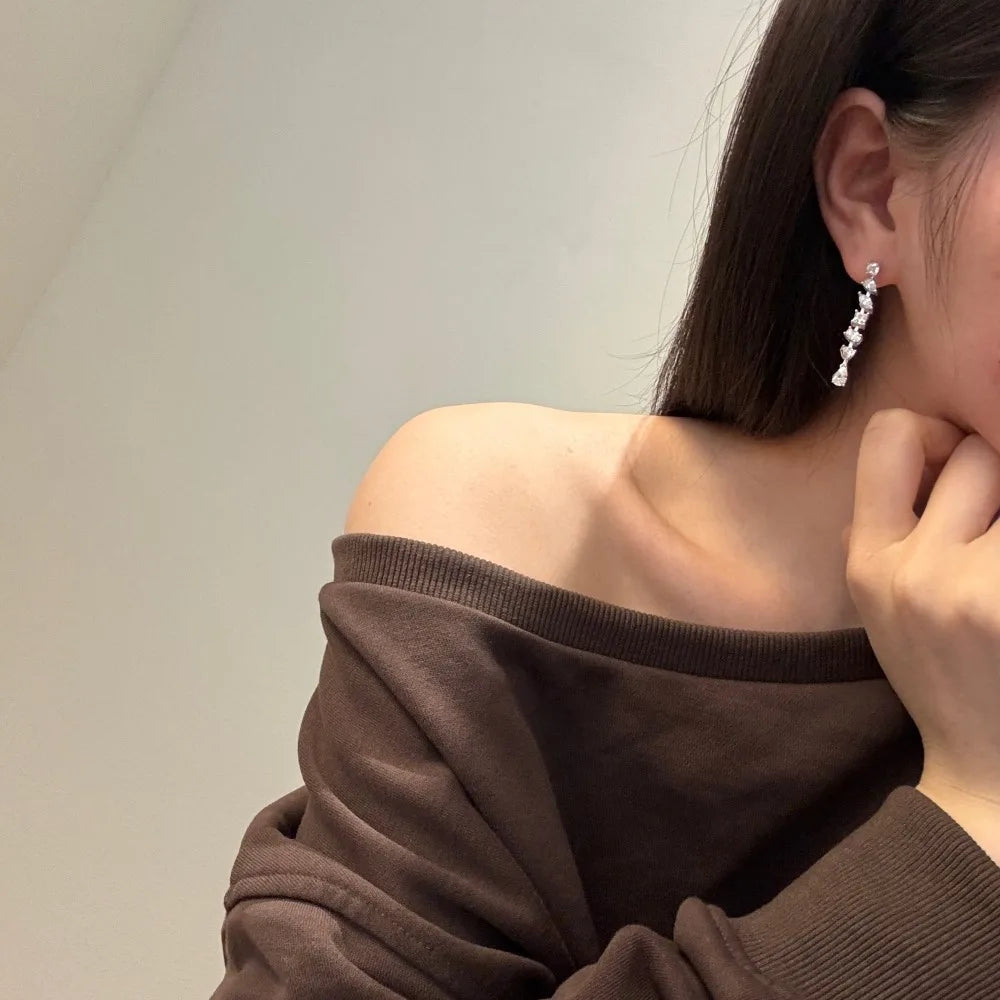 Silver Zircon Pear Cut Irregular Dangle Drop Earrings