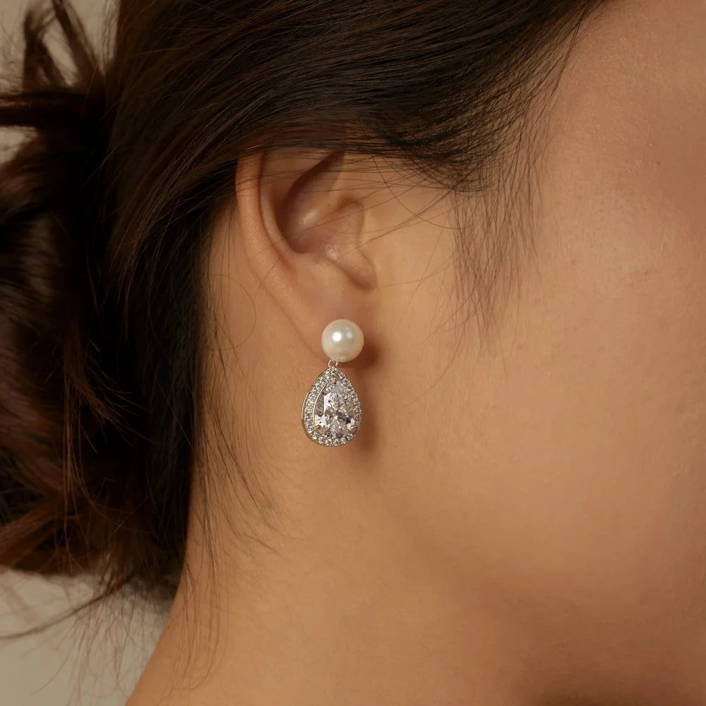 Silver Zircon Pear Cut Water Drop Drop Earrings
