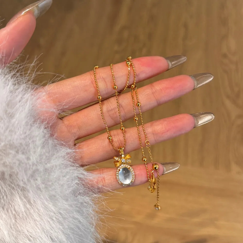 Silver Jade Bow Knot Pendant Necklace