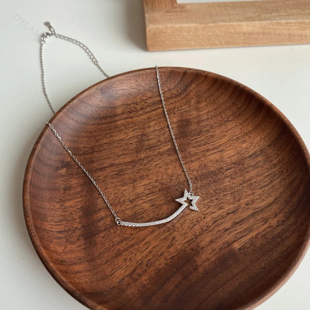 Silver Zircon Round Cut Star Bar Necklace