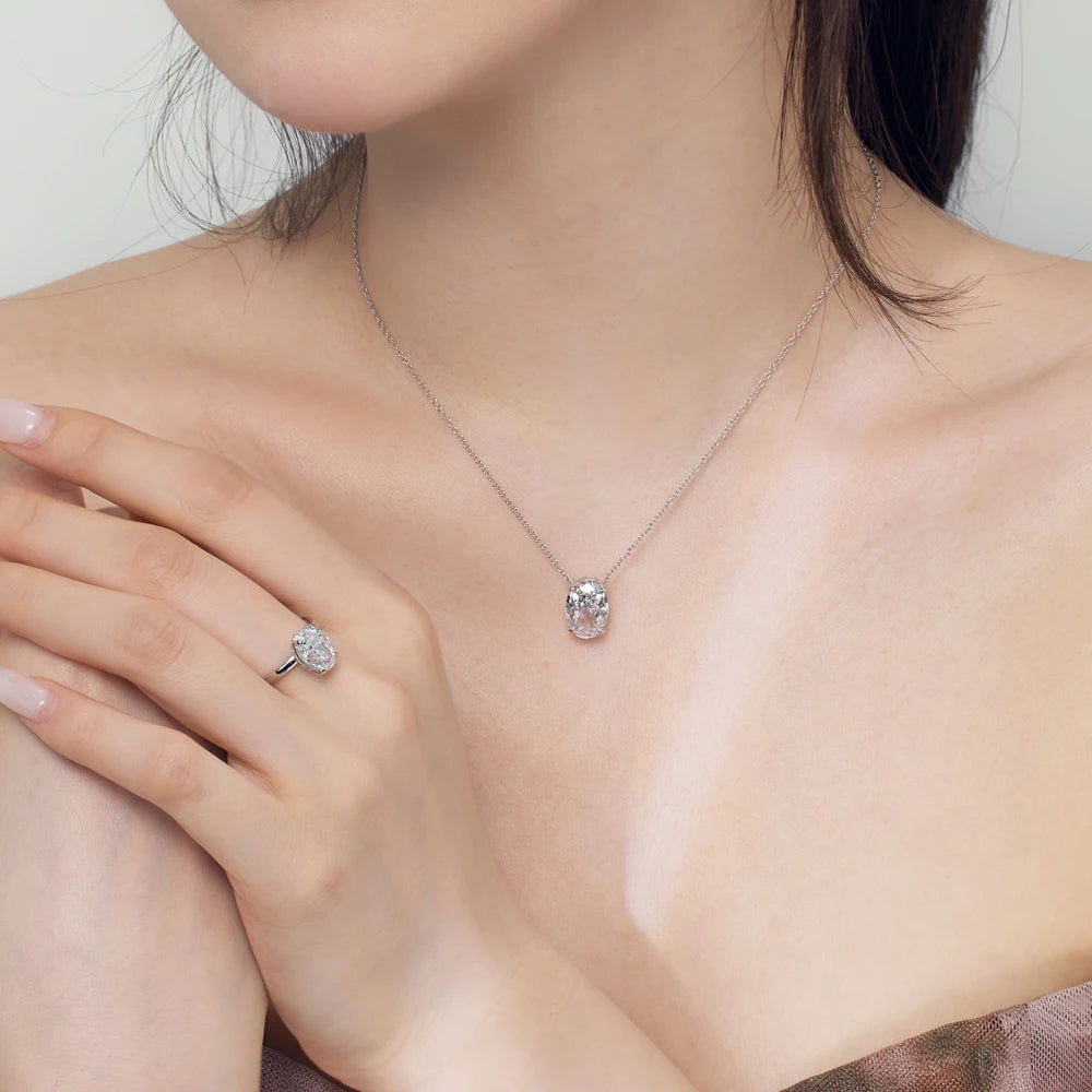 Silver Zircon Oval Cut Big Single Pendant Necklace
