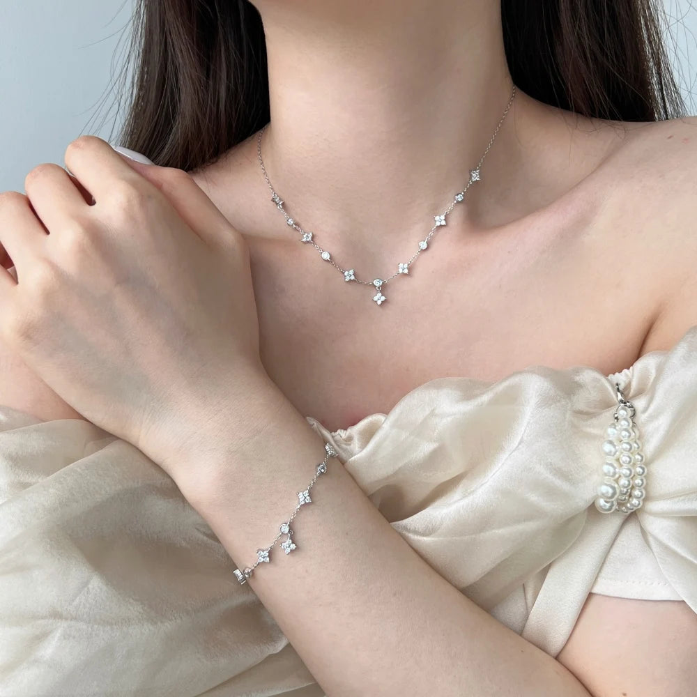 Silver Zircon Round Cut Star Chain Necklace