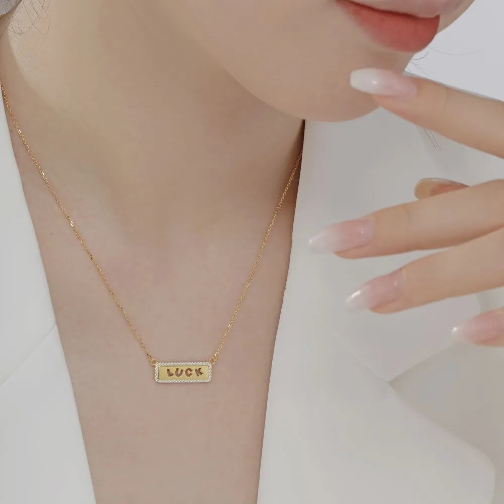 Silver Zircon Round Cut Luck Bar Necklace