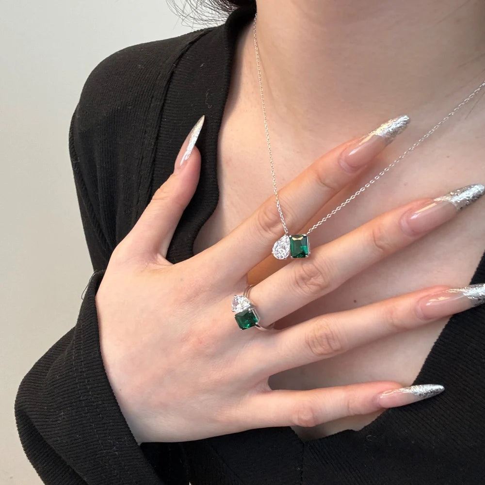 Silver Zircon Emerald Cut Toi Et Moi Pendant Necklace