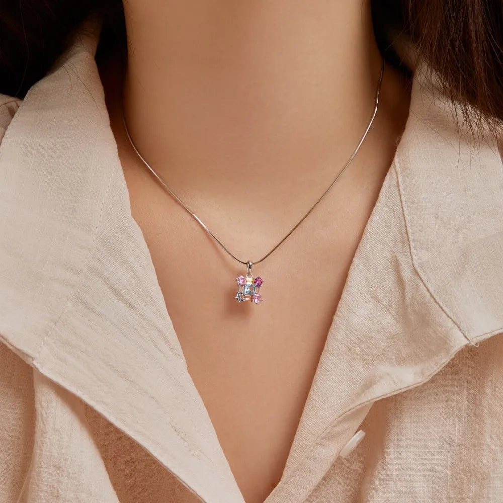 Silver Zircon Princess Cut Inlaid Cube Pendant Necklace