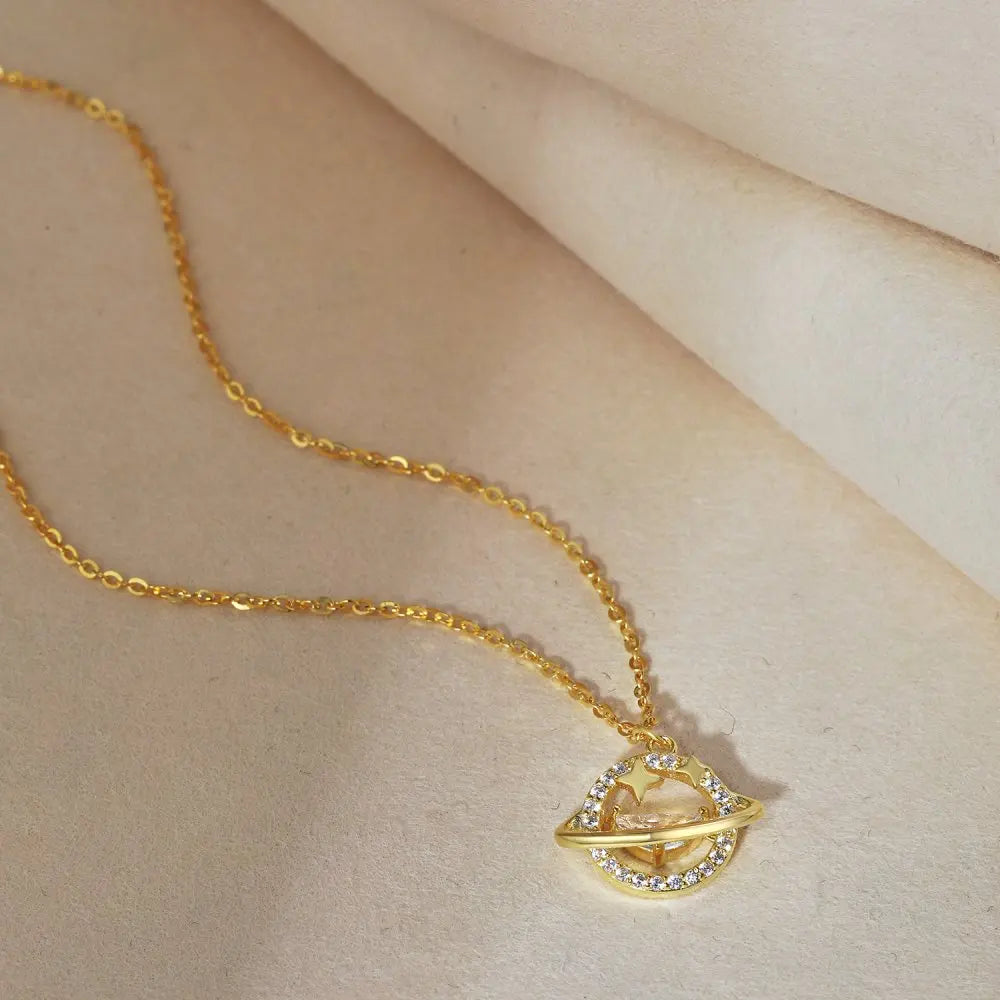 Silver Zircon Half Moon Cut Planet Pendant Necklace