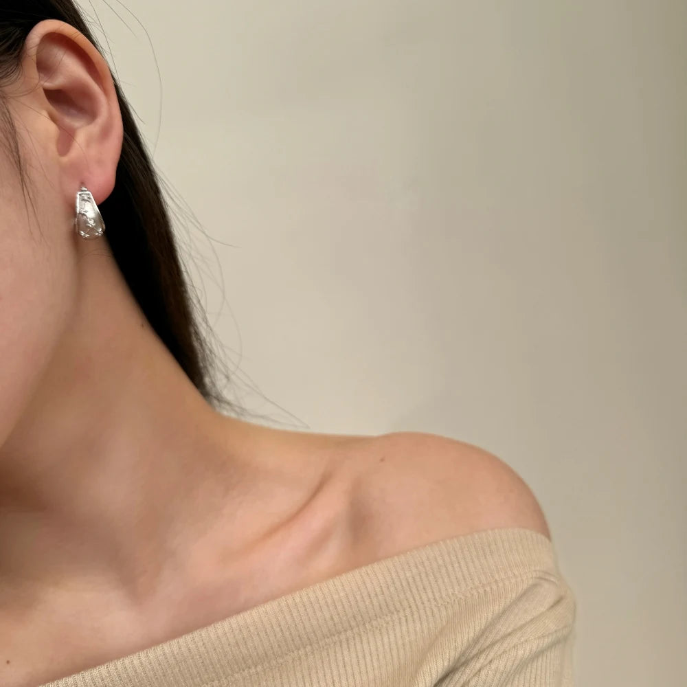 Silver Zircon Round Cut Chunky Inlaid Ear Hoops