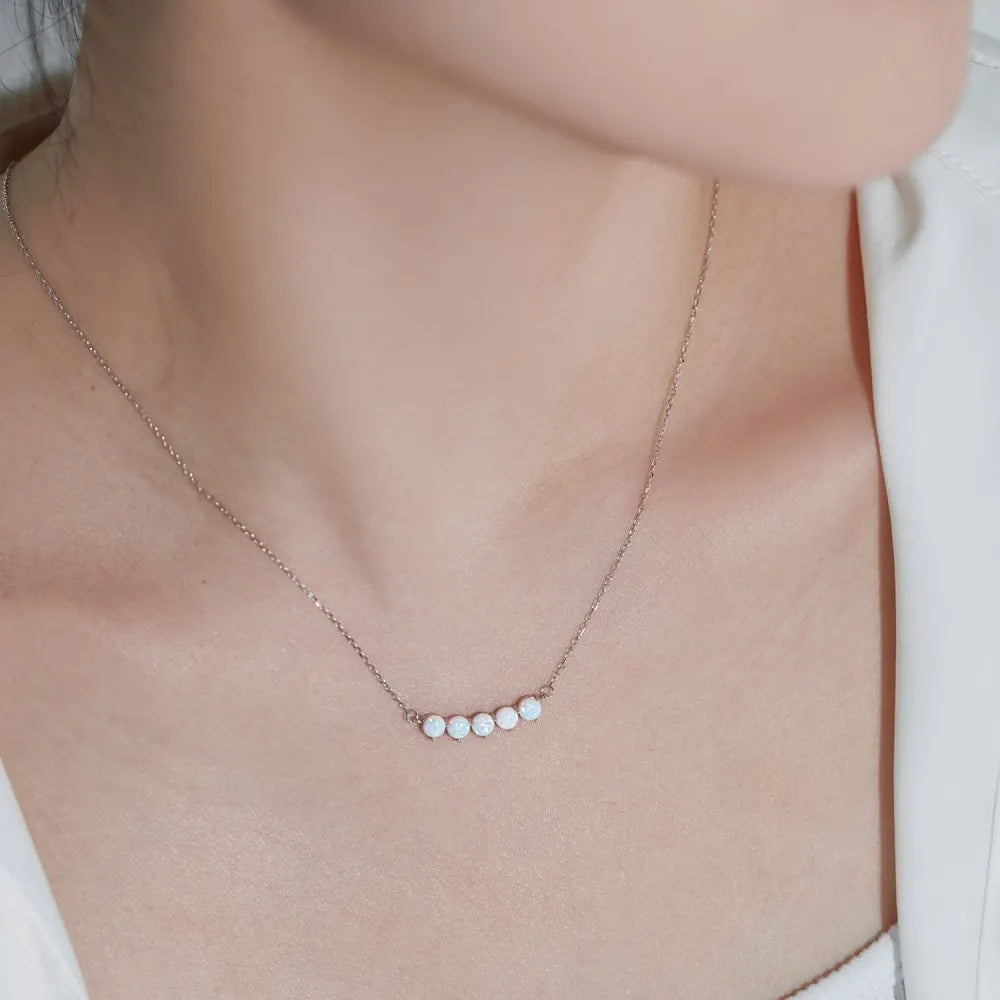 Silver Opal Round Cut Dots Bar Necklace