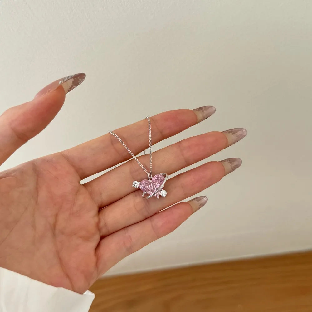 Silver Zircon Princess Cut Wrapped Heart Pendant Necklace