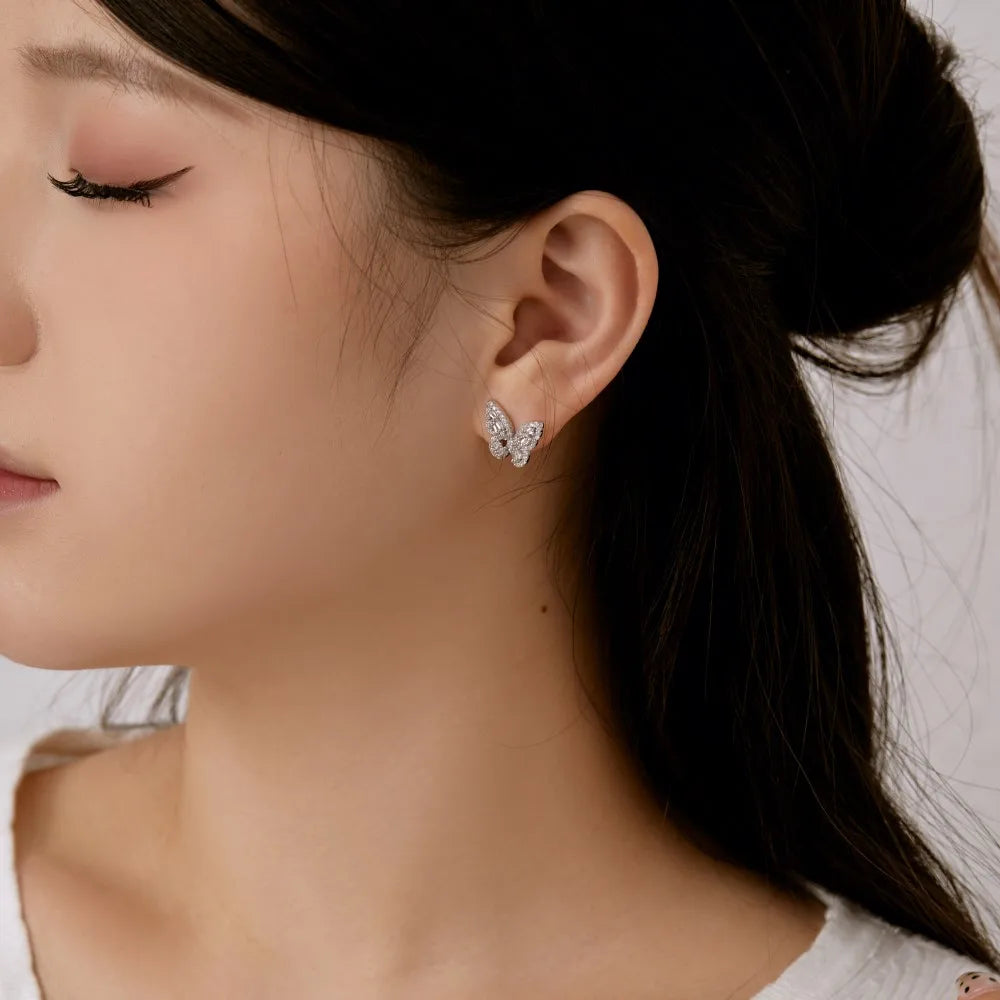 Silver Zircon Tapered Baguette Cut Inlaid Butterfly Ear Studs