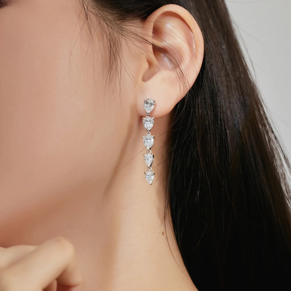 Silver Zircon Pear Cut Tear Tassel Drop Earrings