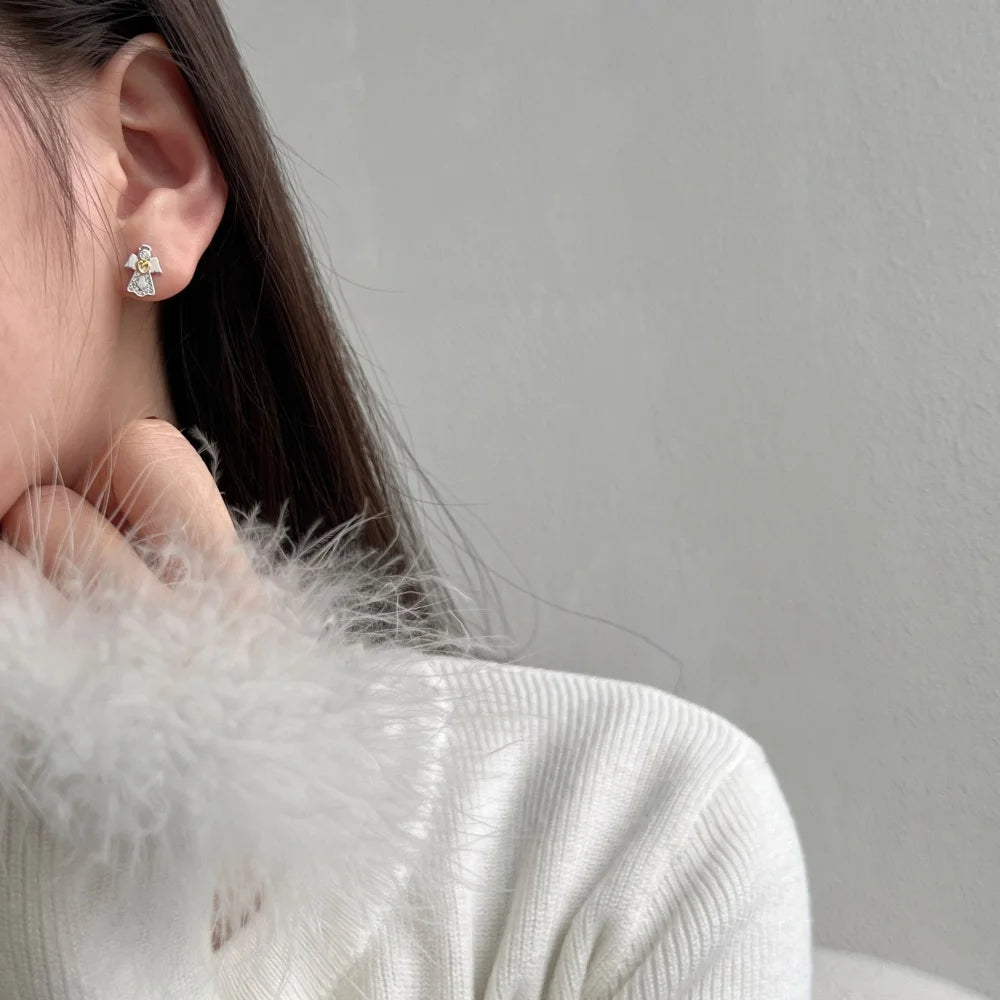 Silver Zircon Round Cut Angel Ear Studs
