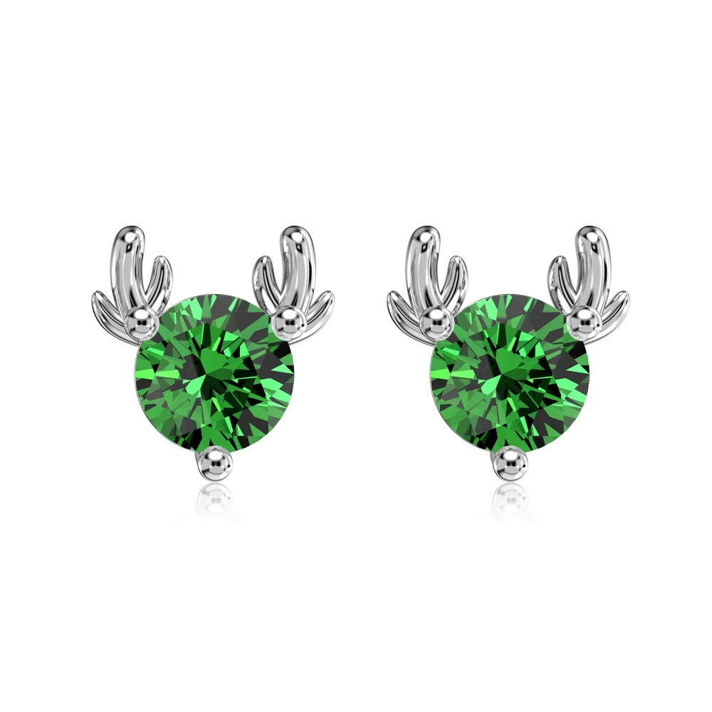 Silver Zircon Round Cut Elk Ear Studs