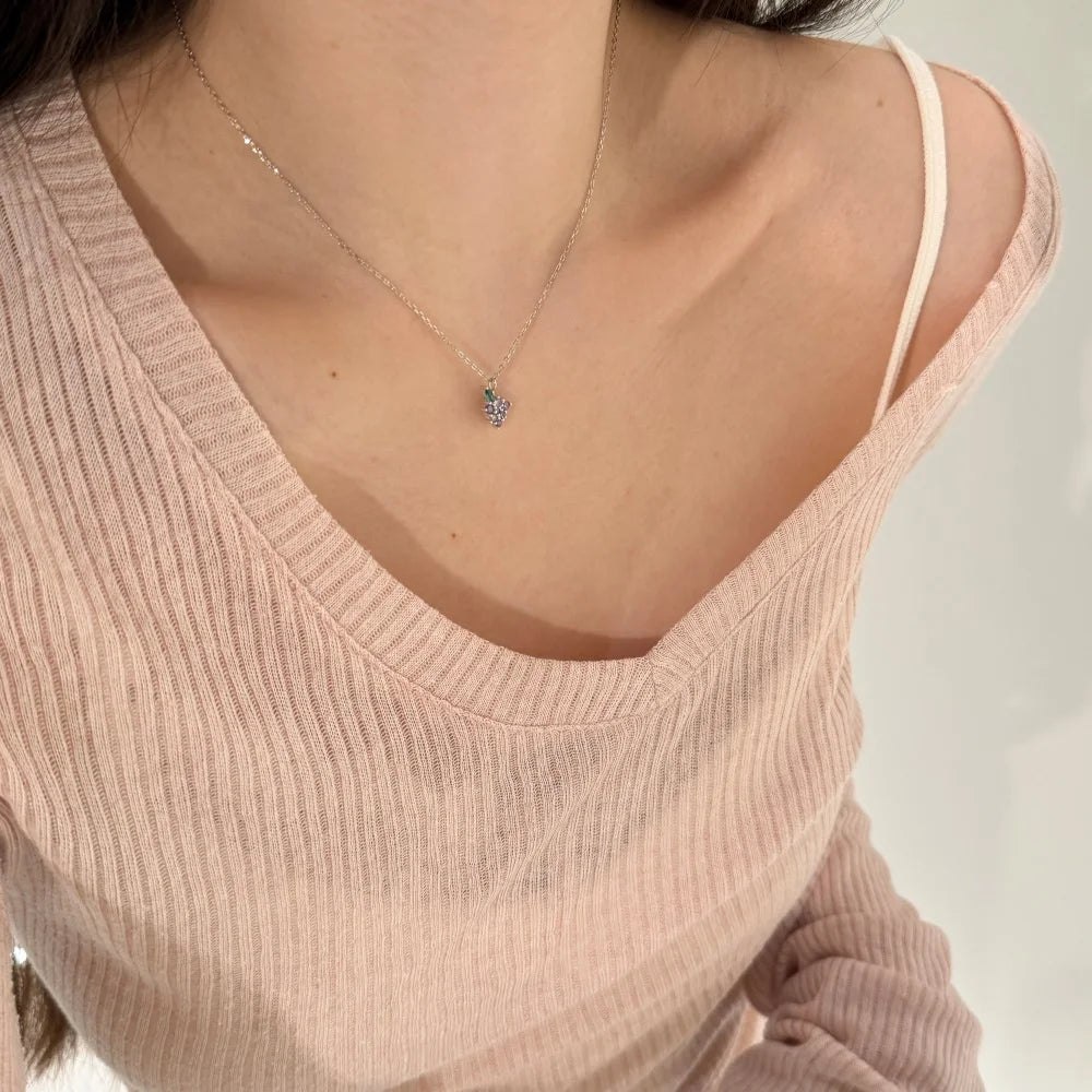Silver Zircon Round Cut Grape Pendant Necklace