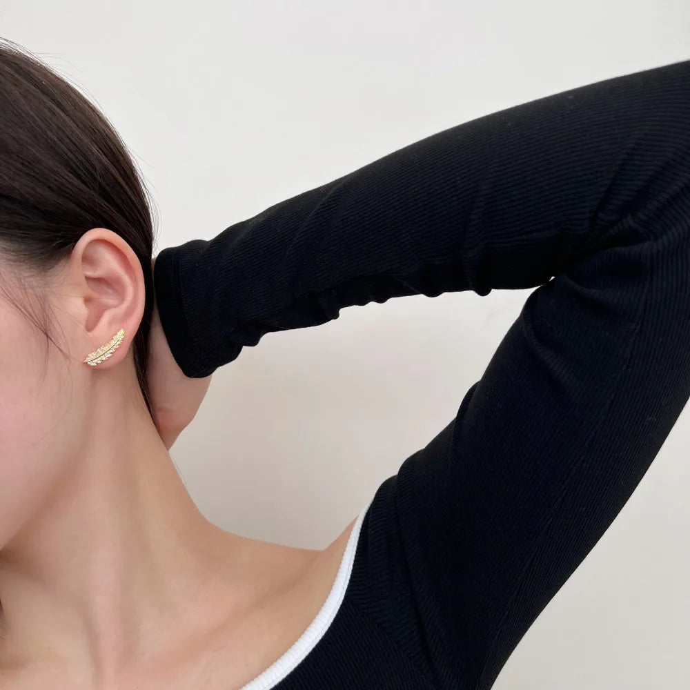 Silver Zircon Round Cut Leaves Ear Studs