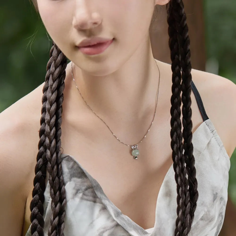 Silver Jade Bunny Pendant Necklace