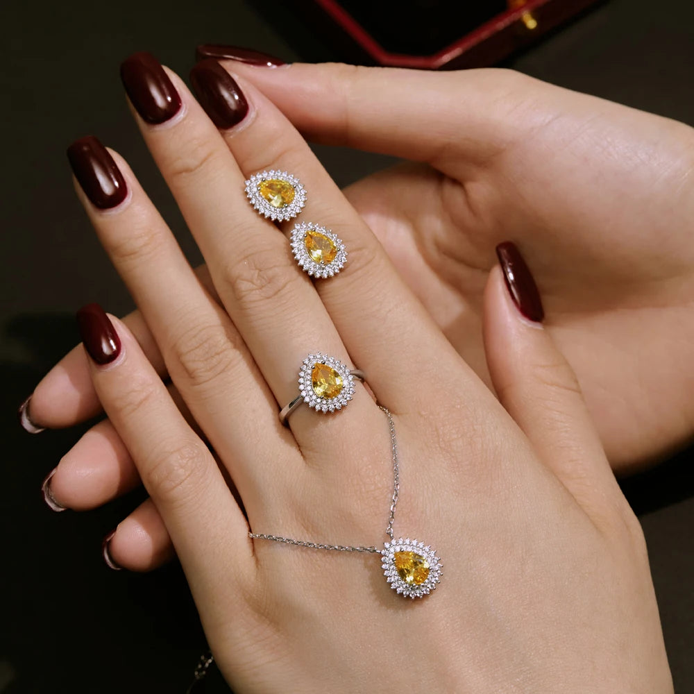 Silver Zircon Pear Cut Double Layer Water Drop Ear Studs