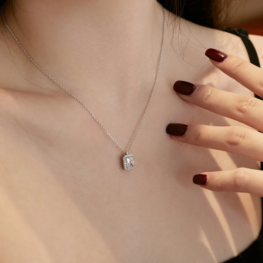 Silver Zircon Radiant Cut Sided Halo Pendant Necklace