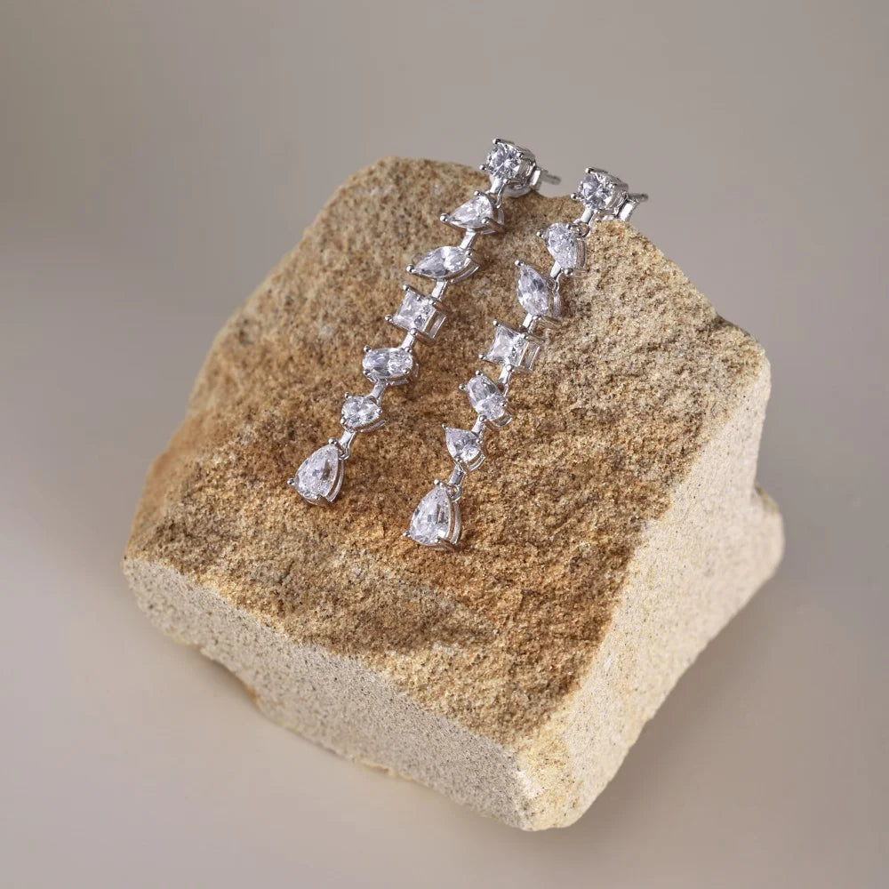 Silver Zircon Pear Cut Irregular Dangle Drop Earrings