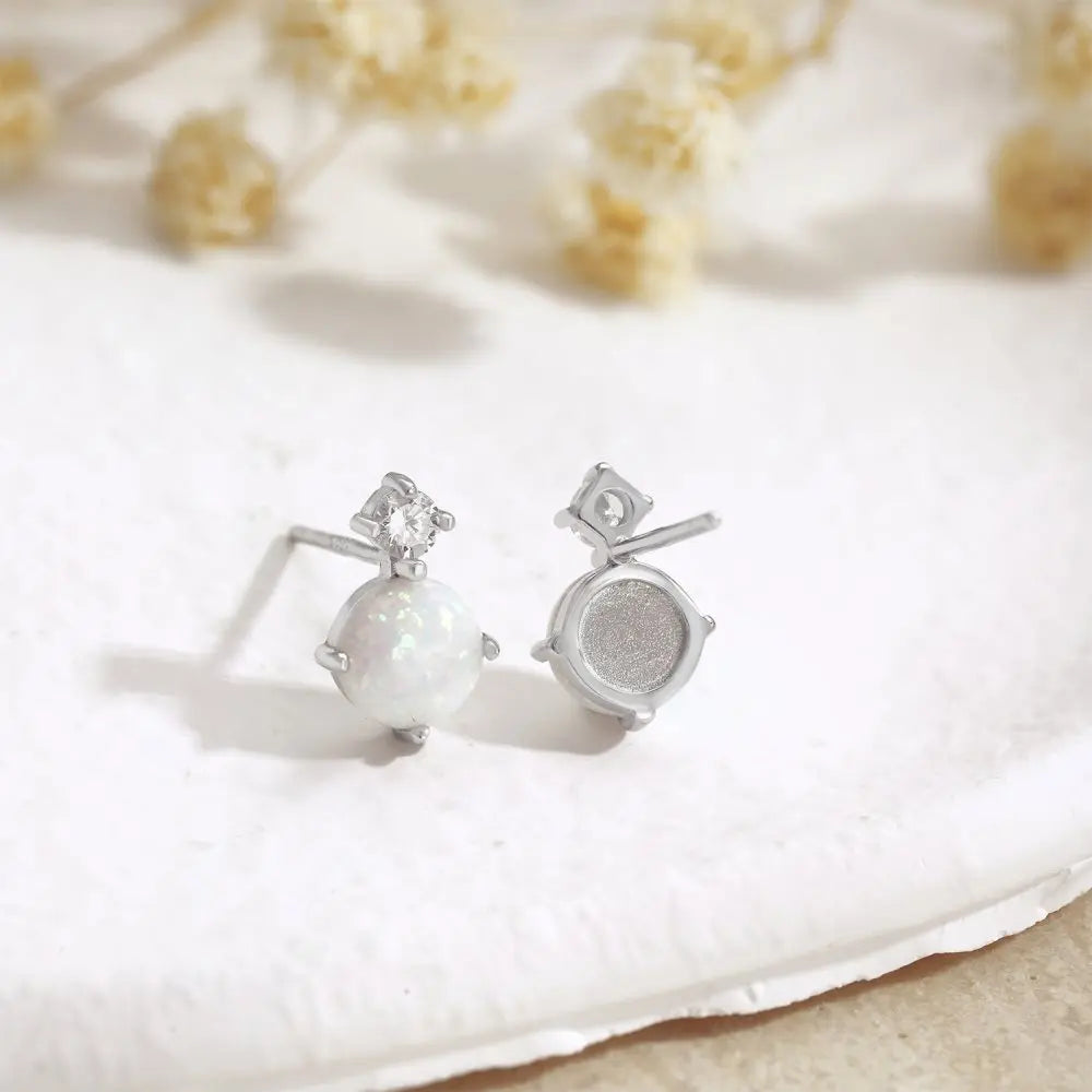 Silver Opal Round Cut Simple Ear Studs