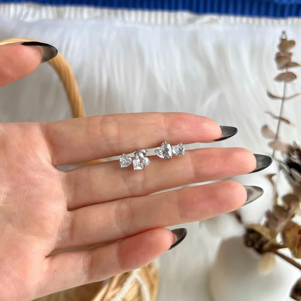 Silver Zircon Heart Cut Side Stacked Ear Studs
