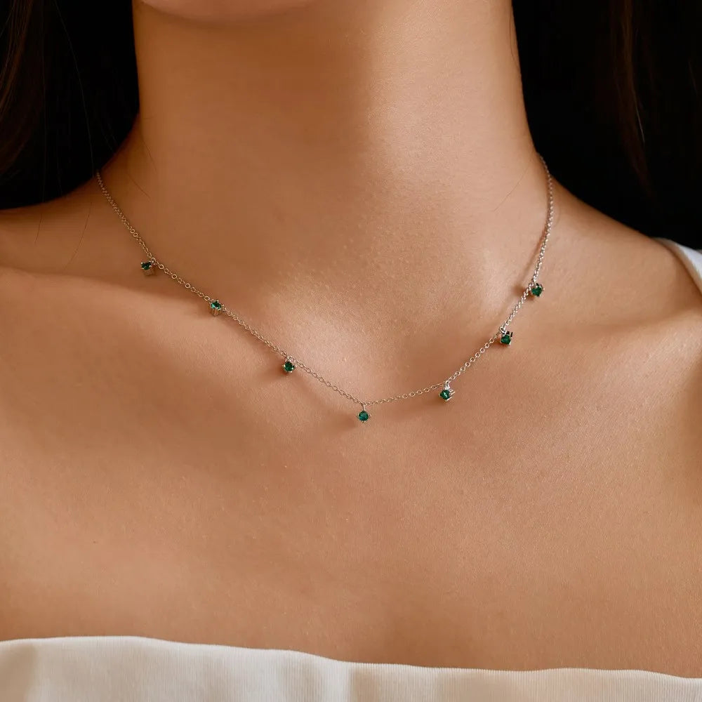 Silver Zircon Round Cut Tassel Chain Necklace