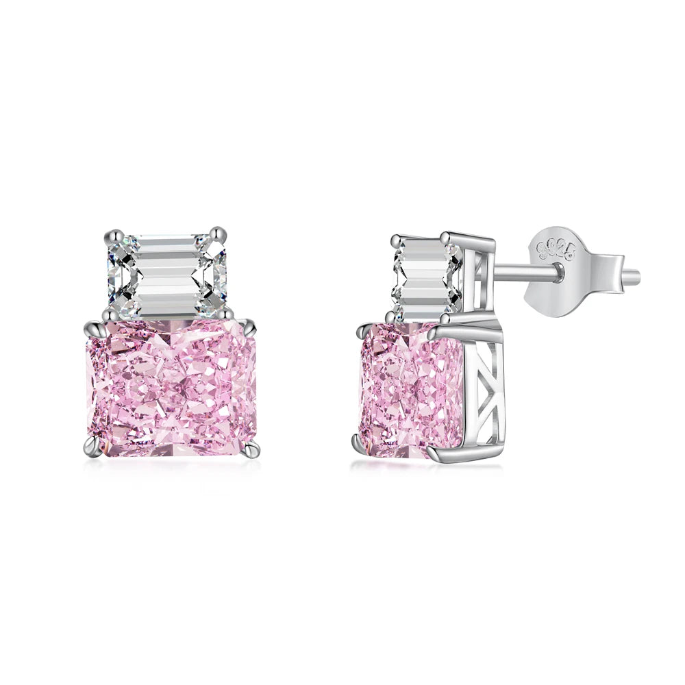 Silver Zircon Radiant Cut Stacked Ear Studs